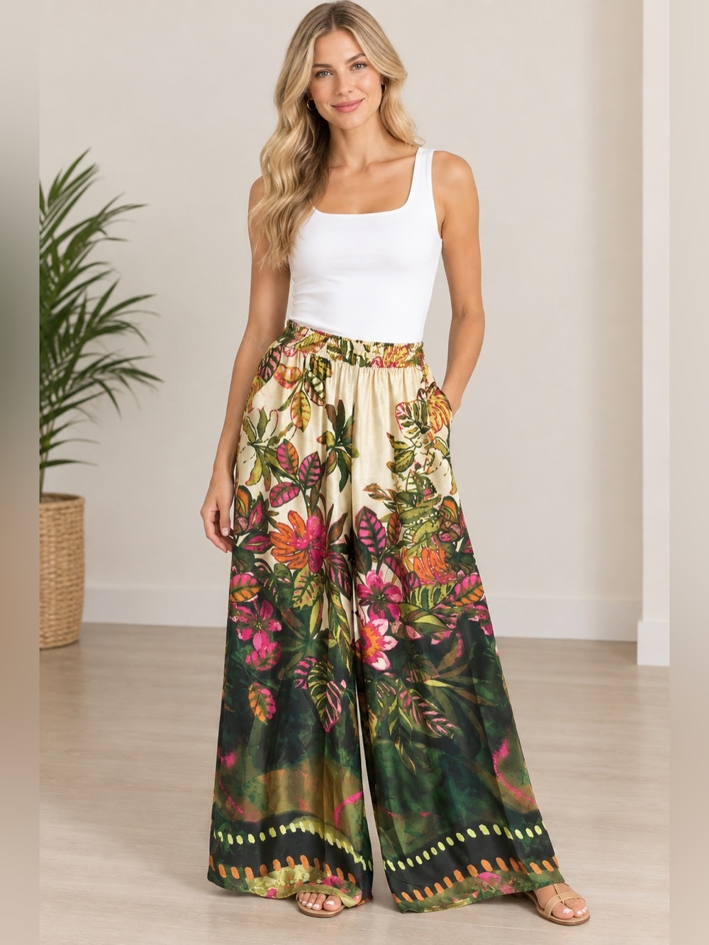 Live 4 Truth Floral Wide-Leg Pants in Cream, Green & Pink
